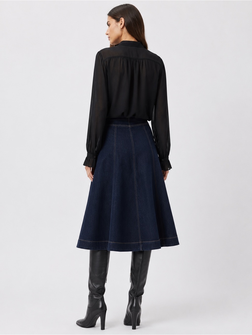 MNG Dark Wash A-Line Denim Midi Skirt 100% Cotton Size Large Minimalist Chic - Picture 7 of 10